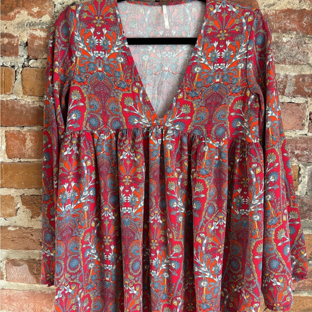 Free People Bell-sleeve Tunic Top- Red and Blue Floral